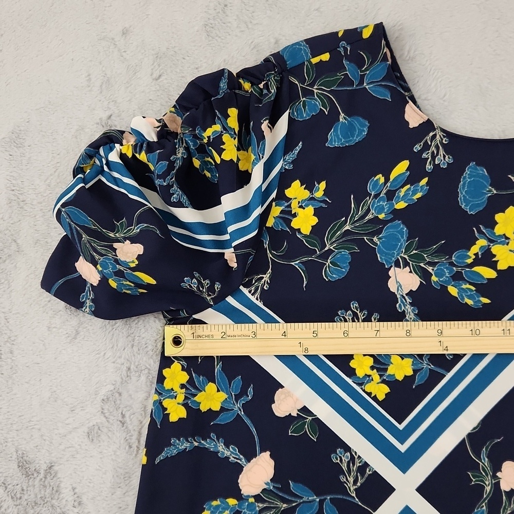 Halogen Floral Shift Dress Women's Size 1 Navy Blue 3/4 Sleeve Ruched Scarf Prin - Picture 8 of 12